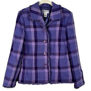 Pendleton Purple Plaid Tweed Fringe Trim Blazer Jacket 10